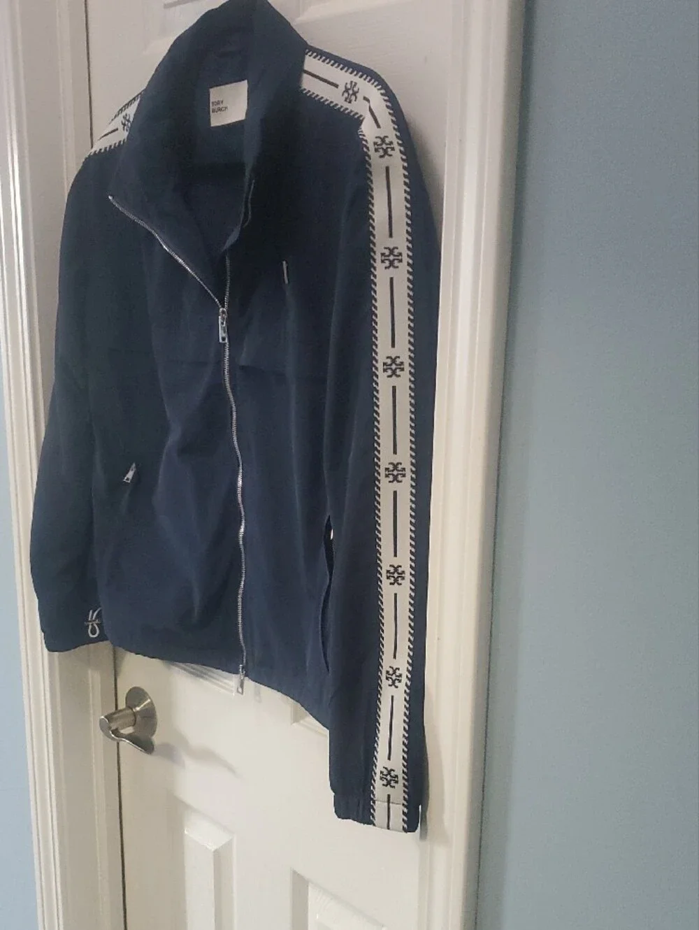 Tory Burch Navy Nylon Hooded Jacket with White Logo-Pattern Sleeve Tape
